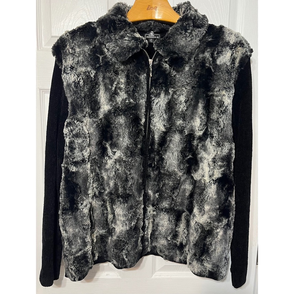 Lisa International 2X Faux Fur Collar Zip Up Cardigan Sweater -‎ Black Gray